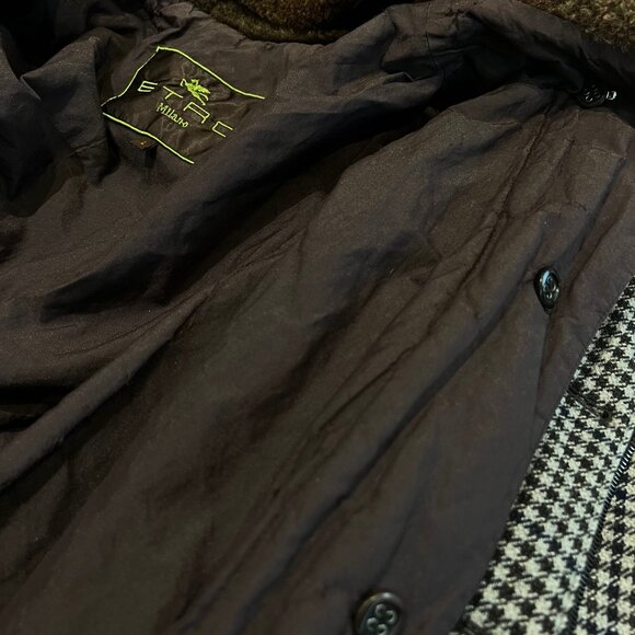 ETRO Milano Wool Blend Houndstooth Coat with Shearling Hood - Picture 11 of 14